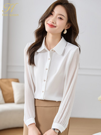 H Han Queen Autumn Basic Elegant White Professional Sleeve Sleeve Blusas Vintage Tops Шифонена блуза Дамски свободни ежедневни ризи