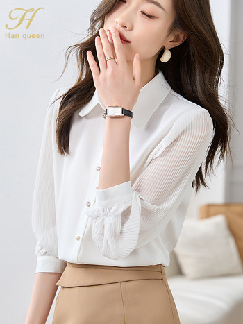 H Han Queen Autumn Basic Elegant White Professional Sleeve Sleeve Blusas Vintage Tops Шифонена блуза Дамски свободни ежедневни ризи