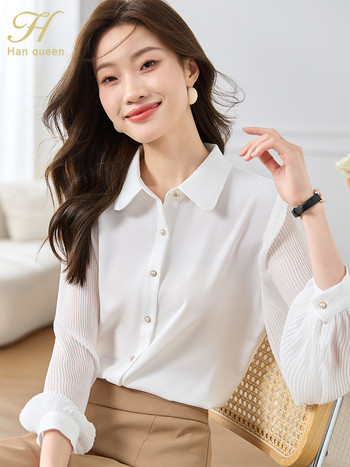 H Han Queen Autumn Basic Κομψό Λευκό Επαγγελματικό Φανάρι Blusas Vintage Μπλούζες από σιφόν Μπλούζα Γυναικεία φαρδιά casual πουκάμισα