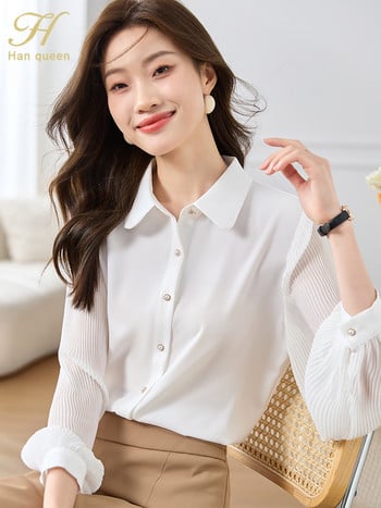 H Han Queen Autumn Basic Elegant White Professional Sleeve Sleeve Blusas Vintage Tops Шифонена блуза Дамски свободни ежедневни ризи