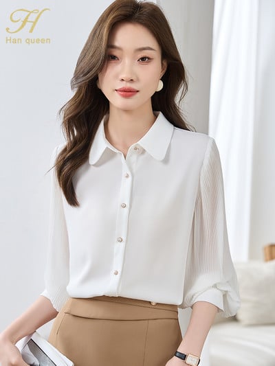H Han Queen Toamnă de bază, elegantă, albă, profesională, cu mâneci lanternă, bluze, bluze vintage, bluză din șifon, cămăși lejere pentru femei