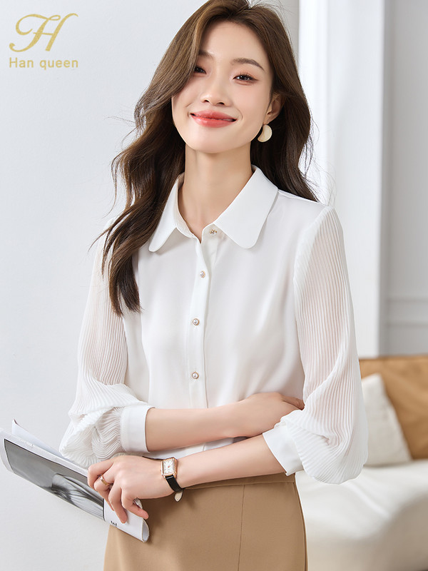 H Han Queen Autumn Basic Elegantiški balti Profesionalūs Žibintai Rankovės Blusas Vintažiniai palaidinukai Šifoninė palaidinė Moteriški laisvi laisvalaikio marškiniai