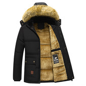 2023 New Men Winter Parka Fleece Παλτό με χοντρό γιακά με κουκούλα, ανδρικό μέγεθος 5XL, βελούδινο μπουφάν Φθινοπωρινής εργασίας, Μαύρο