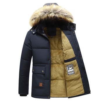 2023 New Men Winter Parka Fleece Παλτό με χοντρό γιακά με κουκούλα, ανδρικό μέγεθος 5XL, βελούδινο μπουφάν Φθινοπωρινής εργασίας, Μαύρο