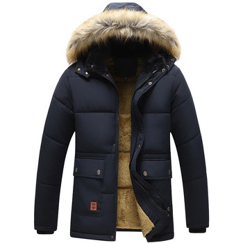 2023 New Men Winter Parka Fleece Παλτό με χοντρό γιακά με κουκούλα, ανδρικό μέγεθος 5XL, βελούδινο μπουφάν Φθινοπωρινής εργασίας, Μαύρο