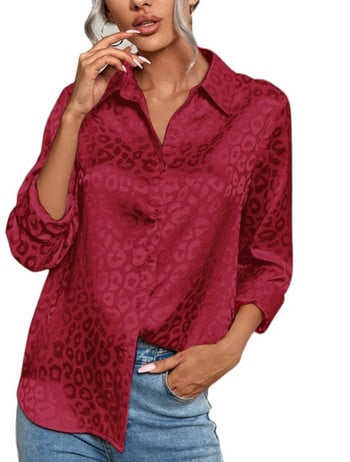Κομψό σατέν λεοπάρ μπλούζες ζακάρ ανοιξιάτικη φθινοπωρινή μακρυμάνικη μπλούζα γυναικεία μπλούζα Camisas Γυναικεία ρούχα πουκάμισο Blusa