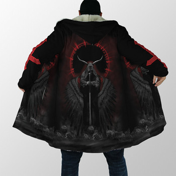 Ανδρικό μανδύα με κουκούλα Satan Demon Tattoo Skull 3D Εκτύπωση Winter Fleece Trench Coat Unisex Casual Thicken ζεστό μανδύα με κουκούλα H008