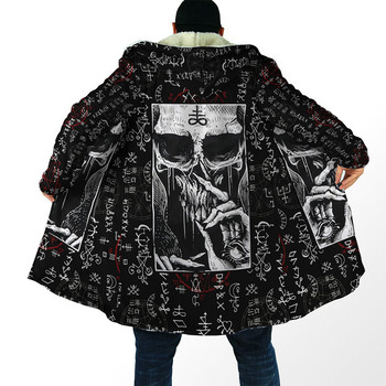 Ανδρικό μανδύα με κουκούλα Satan Demon Tattoo Skull 3D Εκτύπωση Winter Fleece Trench Coat Unisex Casual Thicken ζεστό μανδύα με κουκούλα H008