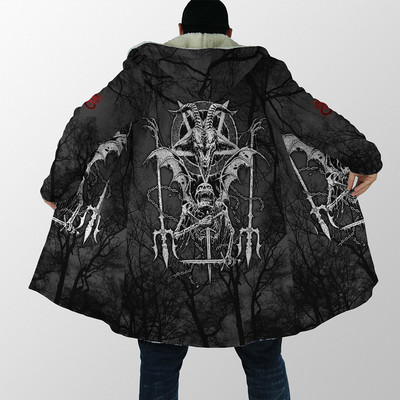 Pelerina cu glugă pentru bărbați Satan Demon Tattoo Craniu Imprimare 3D Trenci din lână de iarnă Unisex Casual Gros Pelerina caldă cu glugă H008