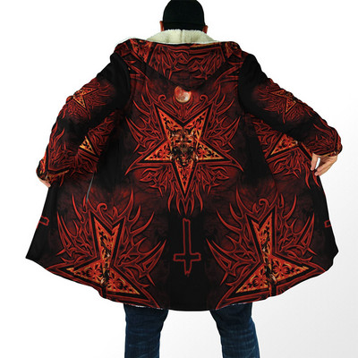 Pelerina cu glugă pentru bărbați Satan Demon Tattoo Craniu Imprimare 3D Trenci din lână de iarnă Unisex Casual Gros Pelerina caldă cu glugă H008