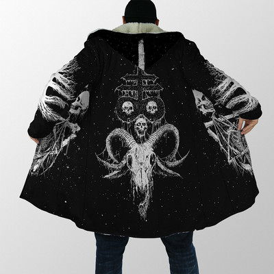 Pelerina cu glugă pentru bărbați Satan Demon Tattoo Craniu Imprimare 3D Trenci din lână de iarnă Unisex Casual Gros Pelerina caldă cu glugă H008
