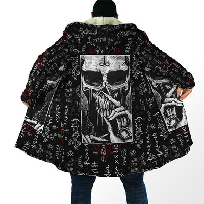 Pelerina cu glugă pentru bărbați Satan Demon Tattoo Craniu Imprimare 3D Trenci din lână de iarnă Unisex Casual Gros Pelerina caldă cu glugă H008