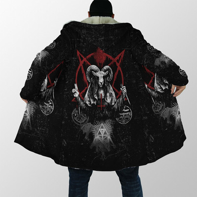 Pelerina cu glugă pentru bărbați Satan Demon Tattoo Craniu Imprimare 3D Trenci din lână de iarnă Unisex Casual Gros Pelerina caldă cu glugă H008