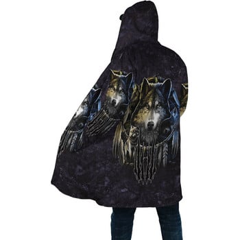 Νεότερο χειμερινό ανδρικό μανδύα Beautiful Tribal Native Wolf 3D full printing Thick Fleece Hooded Coat Unisex Casual Warm Cape παλτό