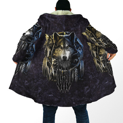 Cea mai nouă mantie de iarnă pentru bărbați Frumos Tribal Nativ Wolf 3D Full Printing Gros Fleece Glugă Palton Unisex Casual Cald Cape