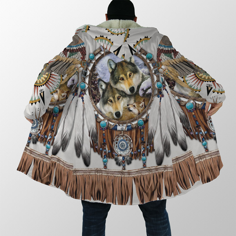 Cea mai nouă mantie de iarnă pentru bărbați Frumos Tribal Nativ Wolf 3D Full Printing Gros Fleece Glugă Palton Unisex Casual Cald Cape