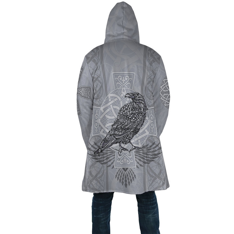 Cel mai nou tatuaj pelerina de iarnă pentru bărbați în stil Odin Viking Manta cu glugă din lână imprimată 3D, unisex, ocazională, groasă, haină caldă