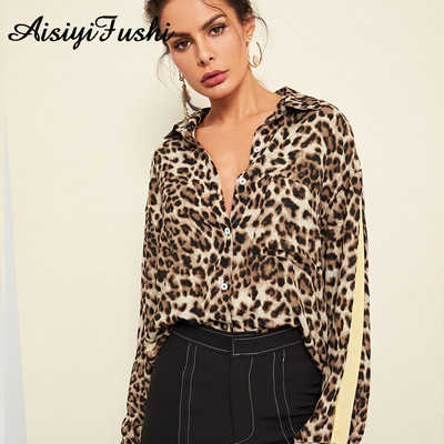 Leopardo rašto palaidinė dryžuoti marškiniai moteriški Elegantiški šifonai moteriški pavasariniai moteriški palaidinės ilgomis rankovėmis Biuro moteriškos palaidinės ir marškiniai
