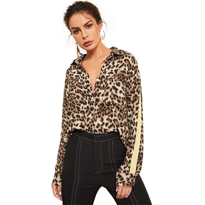Bluza s leopard printom Prugasta košulja Ženske elegantne šifonske ženske proljetne ženske majice dugih rukava Uredske ženske bluze i košulje