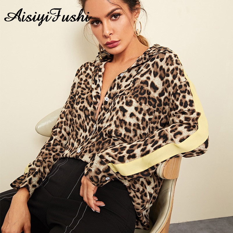 Bluza s leopard printom Prugasta košulja Ženske elegantne šifonske ženske proljetne ženske majice dugih rukava Uredske ženske bluze i košulje