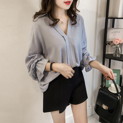 Γυναικείο μακρυμάνικο, χαλαρό, πουά ριγέ λουλουδάτο πουκάμισο γραφείου μπλούζα