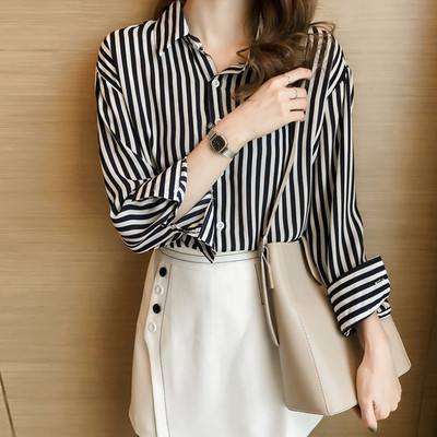 Γυναικείο μακρυμάνικο, χαλαρό, πουά ριγέ λουλουδάτο πουκάμισο γραφείου μπλούζα