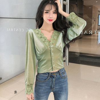 Снаждаща се дантела Винтидж офис дамско облекло Тънка нова модна дамска риза с V-образно деколте Дамска блуза Едноцветна корейска горна част с дълъг ръкав 10563