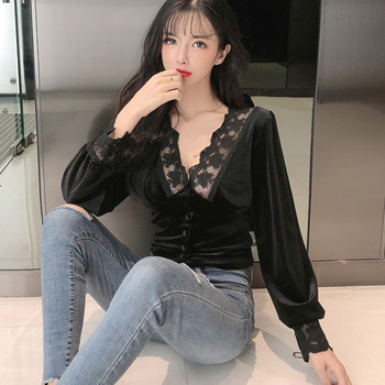 Снаждаща се дантела Винтидж офис дамско облекло Тънка нова модна дамска риза с V-образно деколте Дамска блуза Едноцветна корейска горна част с дълъг ръкав 10563