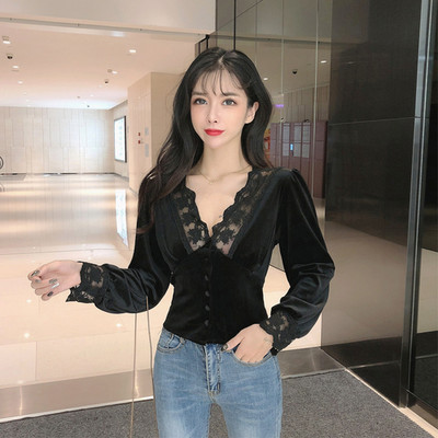 Spajanje čipke Vintage Odjeća za uredske dame Tanka nova modna ženska košulja s V-izrezom Ženska bluza Jednobojna korejska majica dugih rukava 10563