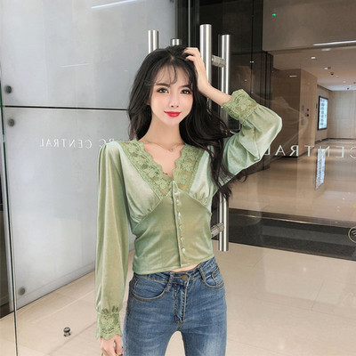 Spajanje čipke Vintage Odjeća za uredske dame Tanka nova modna ženska košulja s V-izrezom Ženska bluza Jednobojna korejska majica dugih rukava 10563