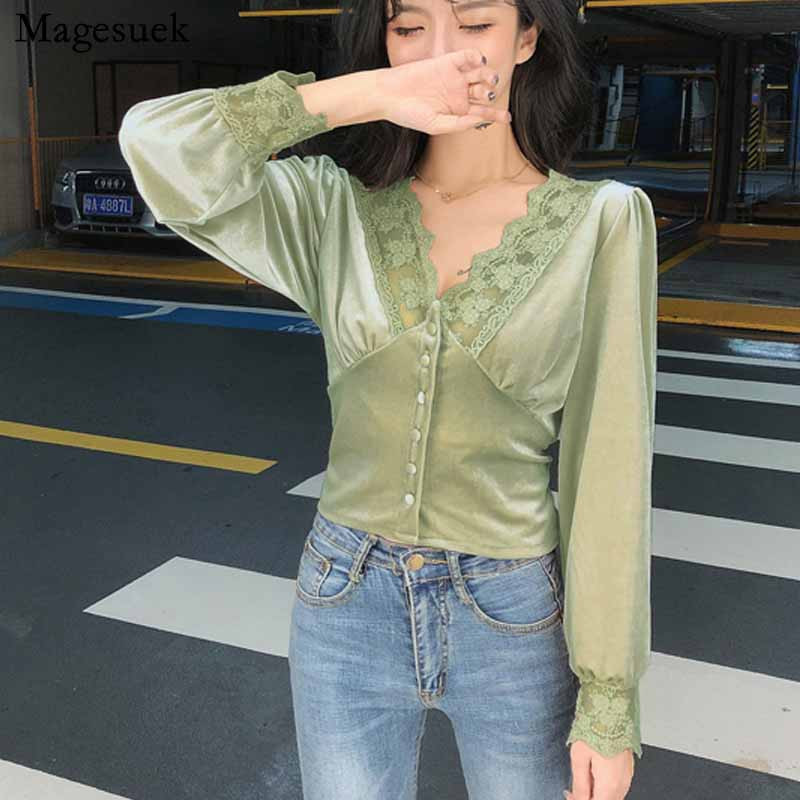 Spajanje čipke Vintage Odjeća za uredske dame Tanka nova modna ženska košulja s V-izrezom Ženska bluza Jednobojna korejska majica dugih rukava 10563