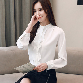 Ανοιξιάτικο καινούργιο πουκάμισο σιφόν Γυναικείο κορεάτικο γιακά μπλούζα με βάση καθαρού χρώματος Γυναικεία γυναικεία βολάν ιδιοσυγκρασίας Μακρυμάνικα μπλουζάκια H9143