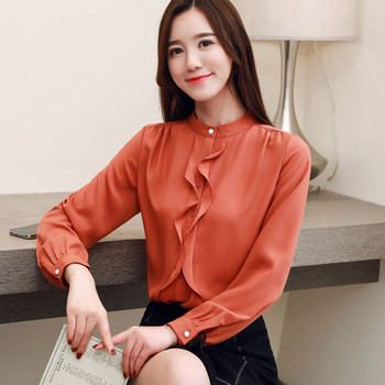 Пролетна нова шифонена риза Дамска корейска чиста цветна блуза с яка и дълги ръкави Офис дамски горнища с дълъг ръкав с волани H9143
