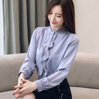 Пролетна нова шифонена риза Дамска корейска чиста цветна блуза с яка и дълги ръкави Офис дамски горнища с дълъг ръкав с волани H9143