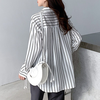 Ανοιξιάτικο φθινόπωρο Νέο ριγέ γυναικείο πουκάμισο πουκάμισο γυριστό γιακά τσέπη μακριά μανίκια λευκή γυναικεία μπλούζα Casual φαρδιά γυναικεία μπλουζάκια 12574