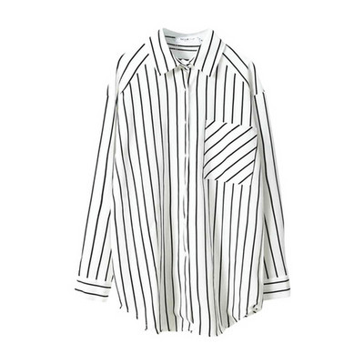 Pavasario rudeniniai nauji dryžuoti moteriški marškiniai, viršutiniai viršutiniai marškinėliai su apykakle, kišenė ilgomis rankovėmis, balta, moteriška palaidinė, laisvalaikio laisvi moteriški viršutiniai drabužiai 12574