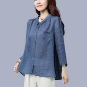 Cămașă lentă cu nasturi, din bumbac, vintage, pentru femei, modă de toamnă, mâneci trei sferturi, albastru, kaki, bluze simple, bluze, îmbrăcăminte