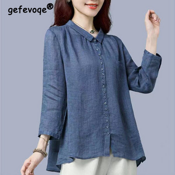 Винтидж памучна ленена свободна дамска риза с копчета, есенна мода, три четвърти ръкав, сини каки, прости блузи, горнища, дрехи