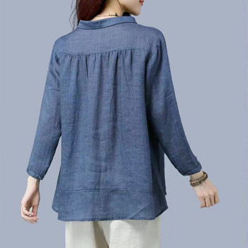 Vintage βαμβακερό λινό φαρδύ πουκάμισο με κουμπιά για γυναίκες Φθινοπωρινή μόδα Τρία τέταρτα μανίκια μπλε χακί Απλές μπλούζες Μπλούζες Ρούχα