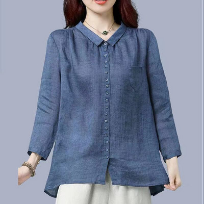Cămașă lentă cu nasturi, din bumbac, vintage, pentru femei, modă de toamnă, mâneci trei sferturi, albastru, kaki, bluze simple, bluze, îmbrăcăminte
