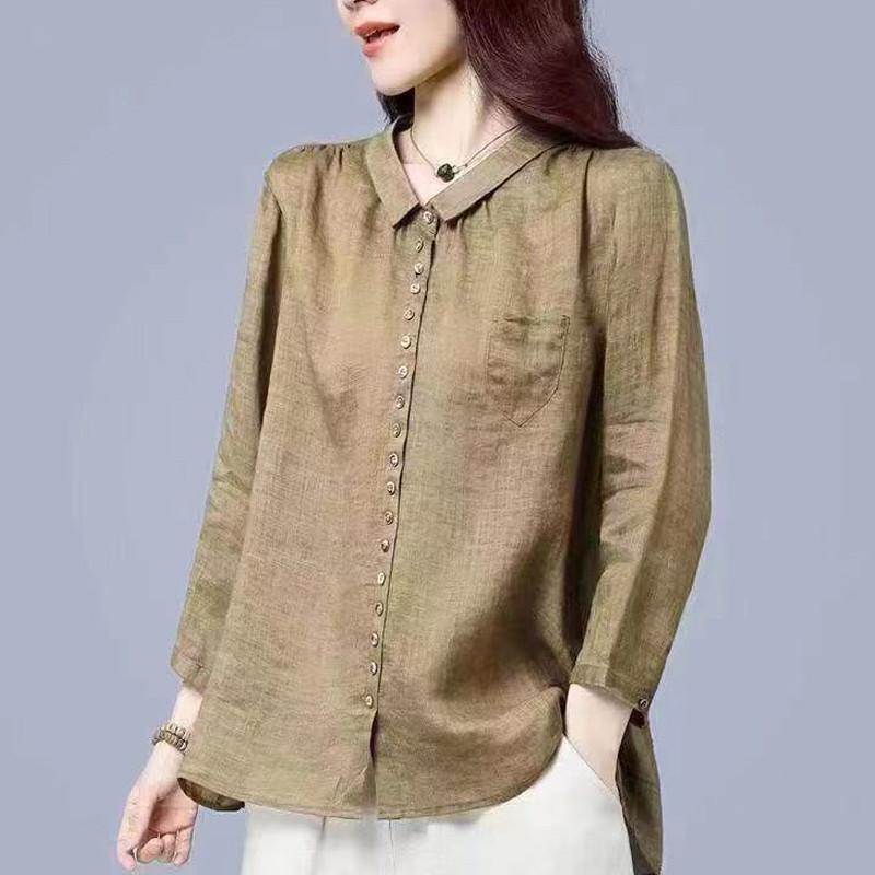 Cămașă lentă cu nasturi, din bumbac, vintage, pentru femei, modă de toamnă, mâneci trei sferturi, albastru, kaki, bluze simple, bluze, îmbrăcăminte