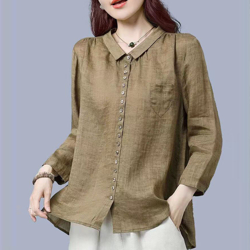 Cămașă lentă cu nasturi, din bumbac, vintage, pentru femei, modă de toamnă, mâneci trei sferturi, albastru, kaki, bluze simple, bluze, îmbrăcăminte