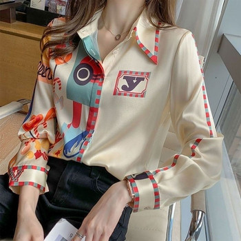 Стилна ежедневна блуза с щампи с букви Пролет Есен Ново свободно дамско облекло с дълъг ръкав Едноредна риза с поло деколте