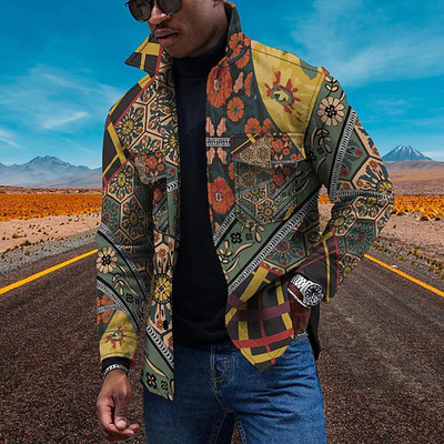 Viršutiniai drabužiai vyrams Vintage Ethnic Paisley Print Lengvi ploni striukės marškiniai ilgomis rankovėmis, vėjui atsparūs bombonešiai, vyriški drabužiai