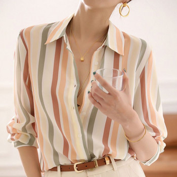 Пролетна есенна офис дамска многоцветна блуза с щампи на райета Шикозна дамска риза с отложна яка с копчета и дълъг ръкав