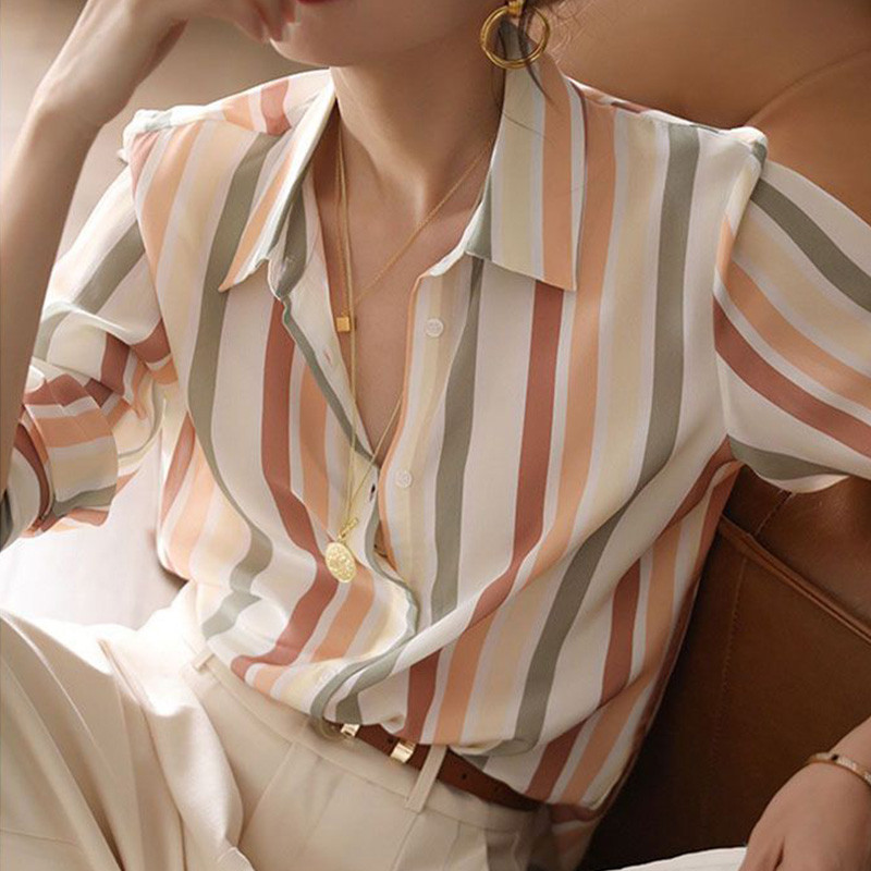 Proljeće jesen Uredska dama s višebojnim prugastim printom Bluza s šik ovratnikom i dugim rukavima široka ženska košulja od šifona