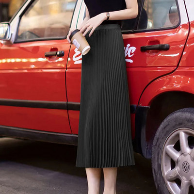 Ljetna nova jednobojna midi suknja veće veličine za žene Korejska modna elastična visoka struka plisirana suknja A-kroja Elegantna široka suknja