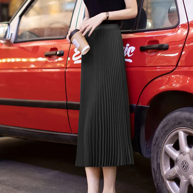 Ljetna nova jednobojna midi suknja veće veličine za žene Korejska modna elastična visoka struka plisirana suknja A-kroja Elegantna široka suknja