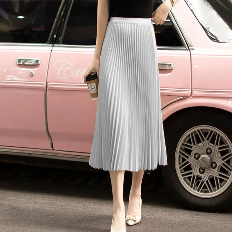 Ljetna nova jednobojna midi suknja veće veličine za žene Korejska modna elastična visoka struka plisirana suknja A-kroja Elegantna široka suknja