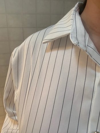 Класически раирани ризи Дамски Пролет Есен Поло деколте Едноредна жилетка с дълъг ръкав Блуза Модна офис риза Топ Дамска